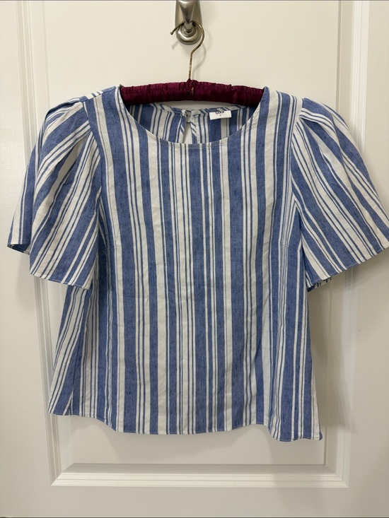 CAbi Tops - CAbi Blue and White Vertical Stripe Puff Sleeve Top